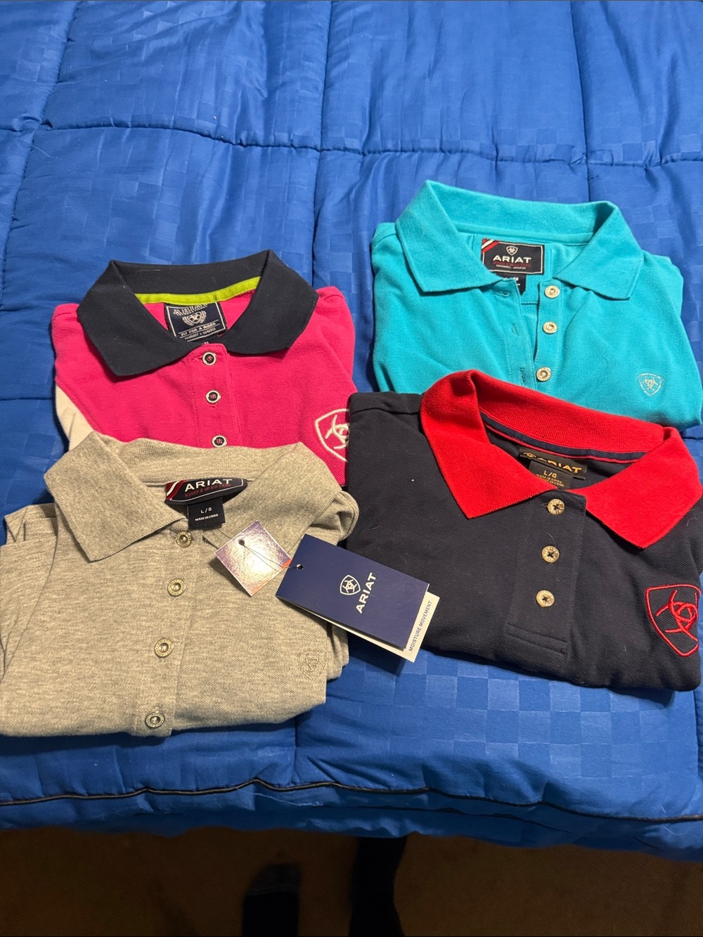 Ariat woman’s Polo Pack - lot of 4Teal, Hot Pink, Navy & Gray